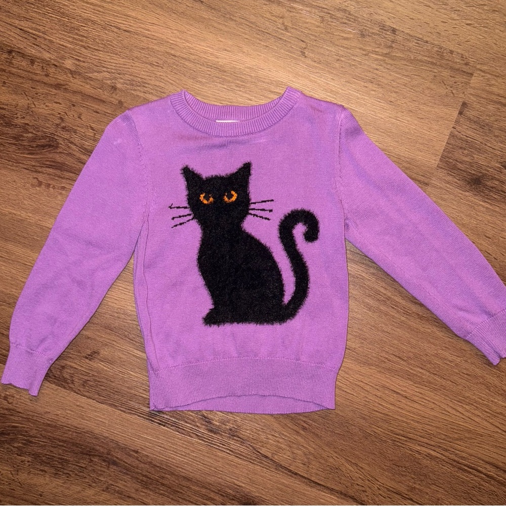 Little Stocking Co. Girlhood Purple Fuzzy Black Cat Sweater (2/3)